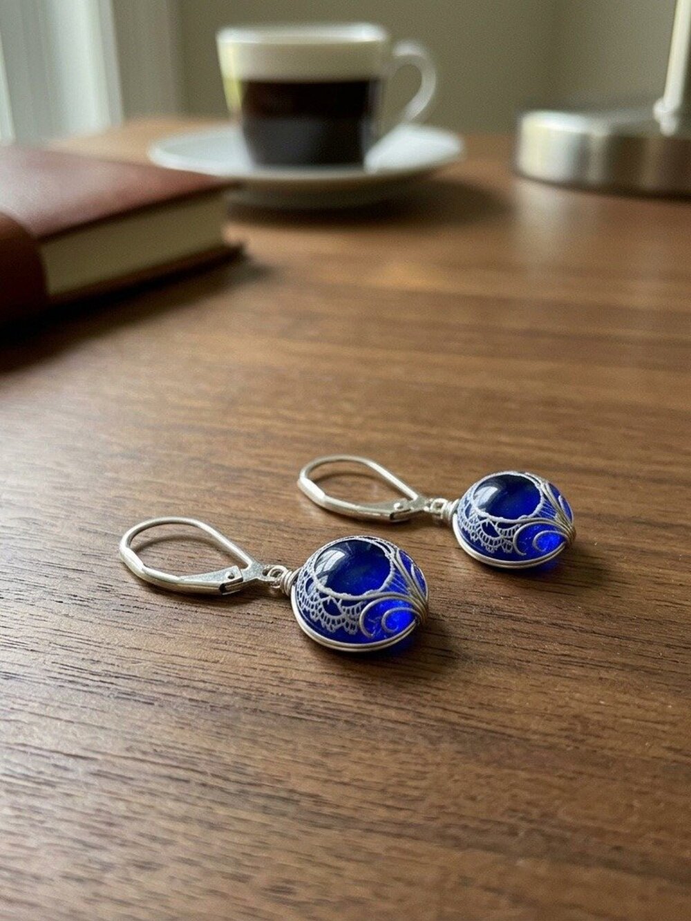 Vintage Lace Leverback Earrings Cobalt Blue Sterling Silver Dangle Handmade